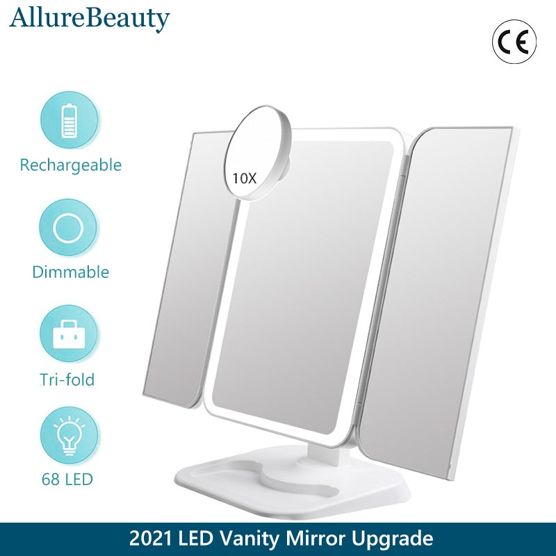 Trifold Makeup Mirror With Light – 68 LED Vanity Mirror with 10X Magnification & 180° Rotation