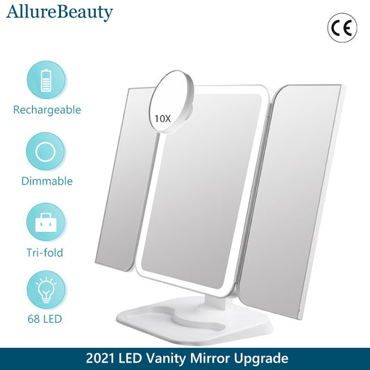 Trifold Makeup Mirror With Light – 68 LED Vanity Mirror with 10X Magnification & 180° Rotation