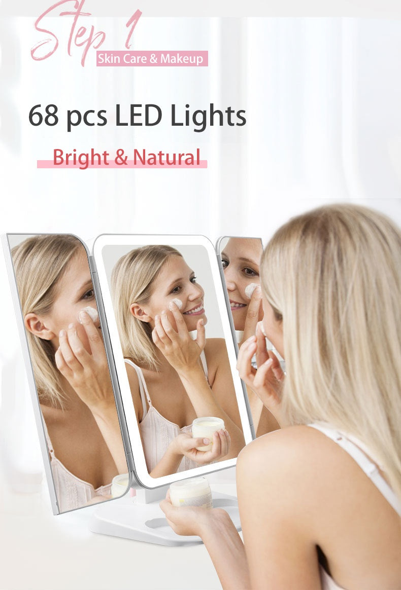 Trifold Makeup Mirror With Light – 68 LED Vanity Mirror with 10X Magnification & 180° Rotation